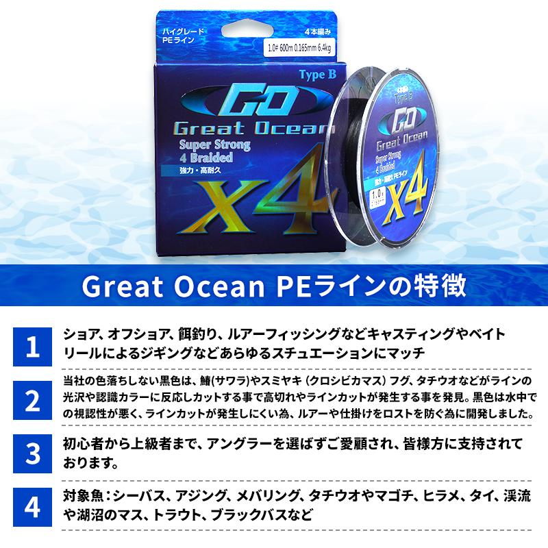 Great Ocean PEライン 4本編み 1号5色10m 直径0.165mm 強度6.4kg