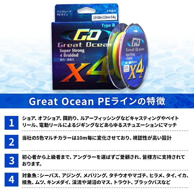 Great Ocean PEライン 4本編み 2号5色10m 直径0.234mm 強度9.4kg