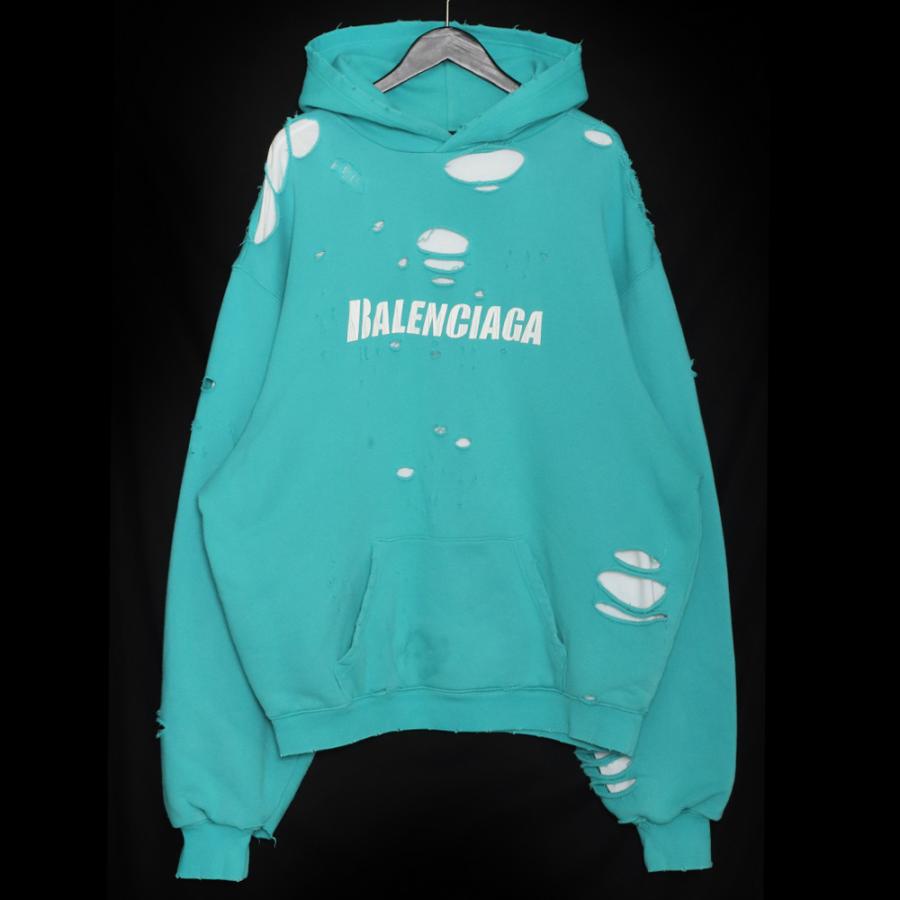 BALENCIAGA 21SS Caps Destroyed Hoodie XSサイズ ブルー 659403