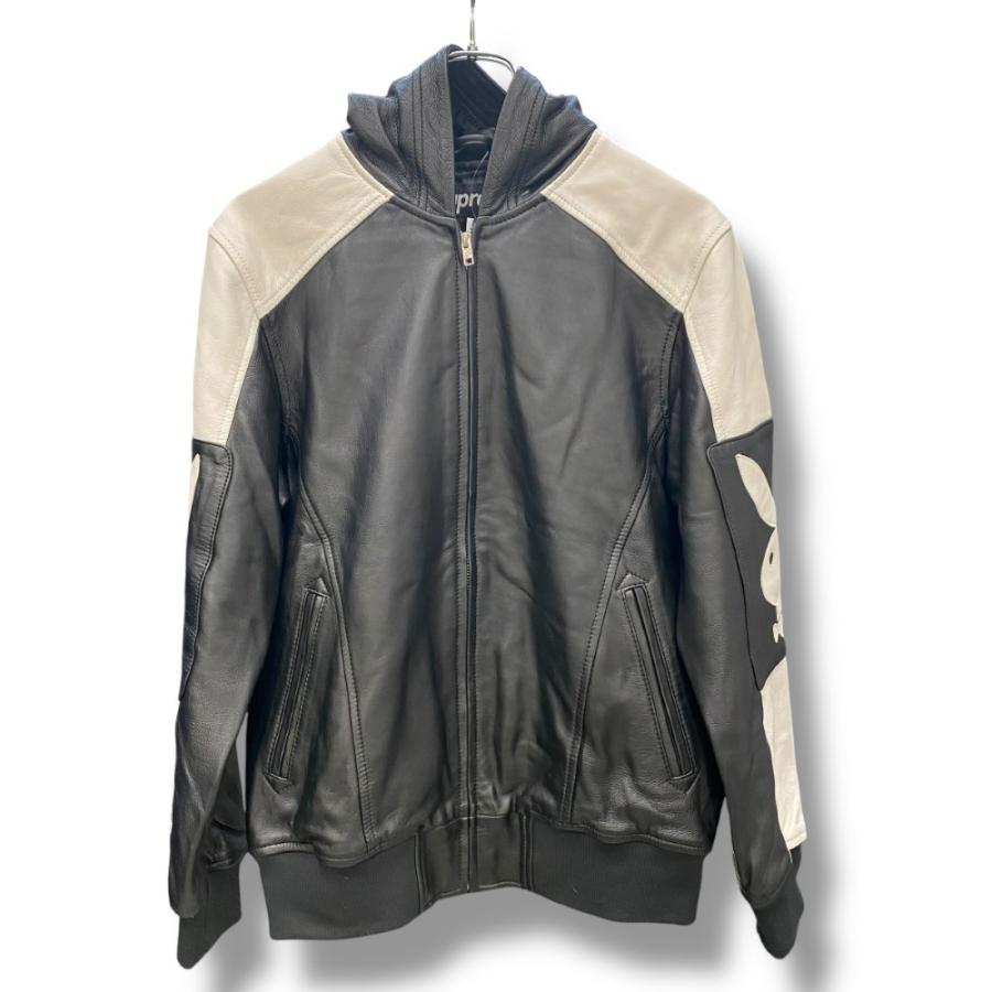 SUPREME × PLAYBOY 14SS HOODED LEATHER JACKET Sサイズ ブラック ホワイト シュプリーム プレイボーイ フーデッド レザー ジャケット | 