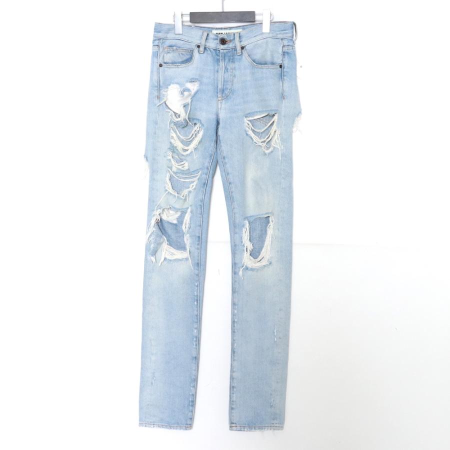 未使用品 OFF-WHITE オフホワイト デニム ダメージ加工 クラッシュ OFF-WHITE クラッシュダメージデニムパンツ サイズ28 ライト