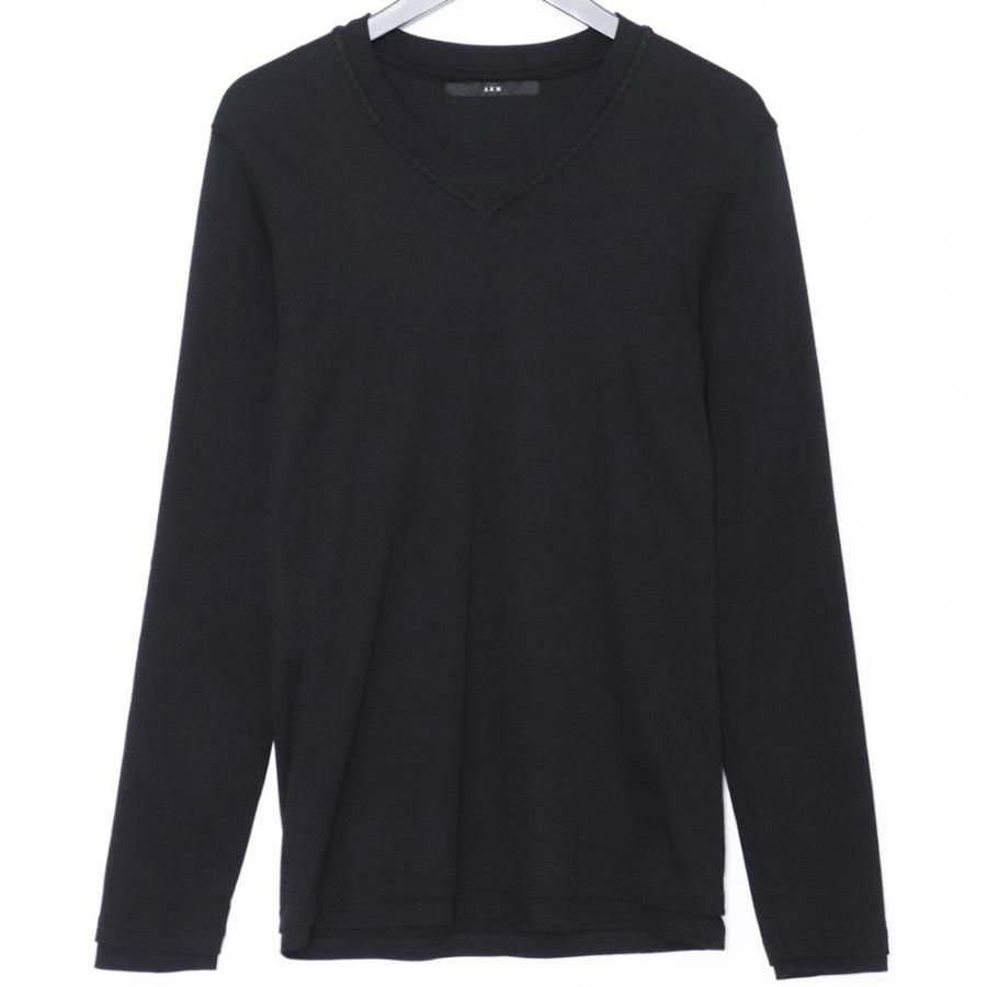 AKM SMOOTH COTTON L/S HAND STITCH V-NECK Sサイズ ブラック T224 