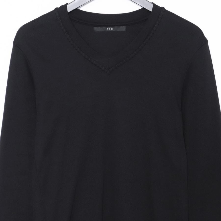 AKM SMOOTH COTTON L/S HAND STITCH V-NECK Sサイズ ブラック T224 