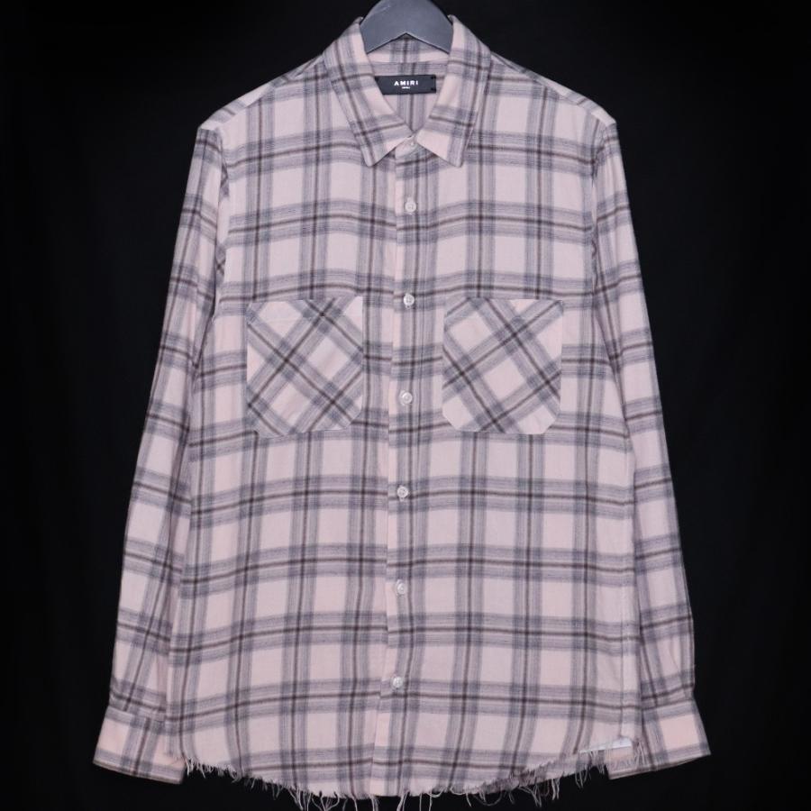 AMIRI カットオフエッジ フランネルチェック長袖シャツ Sサイズ ピンク