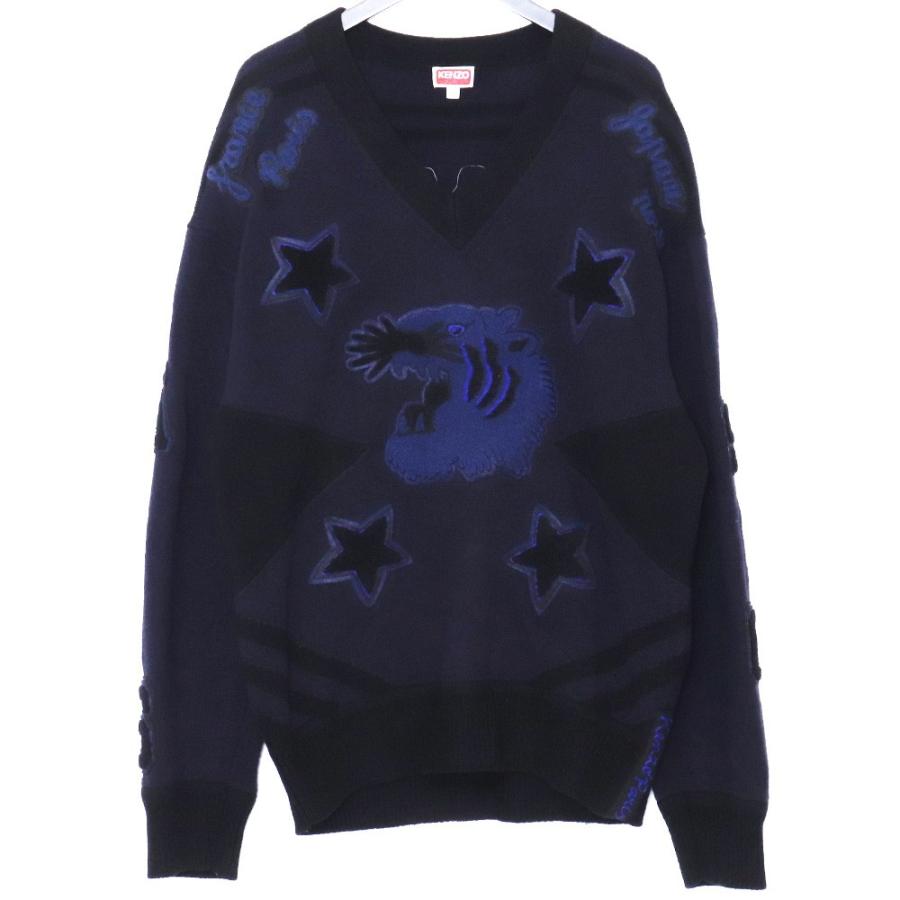 KENZO アップリケプルオーバータイガーモチーフ Vネックセーター サイズL ネイビー FC65PU3293BB ケンゾー | 