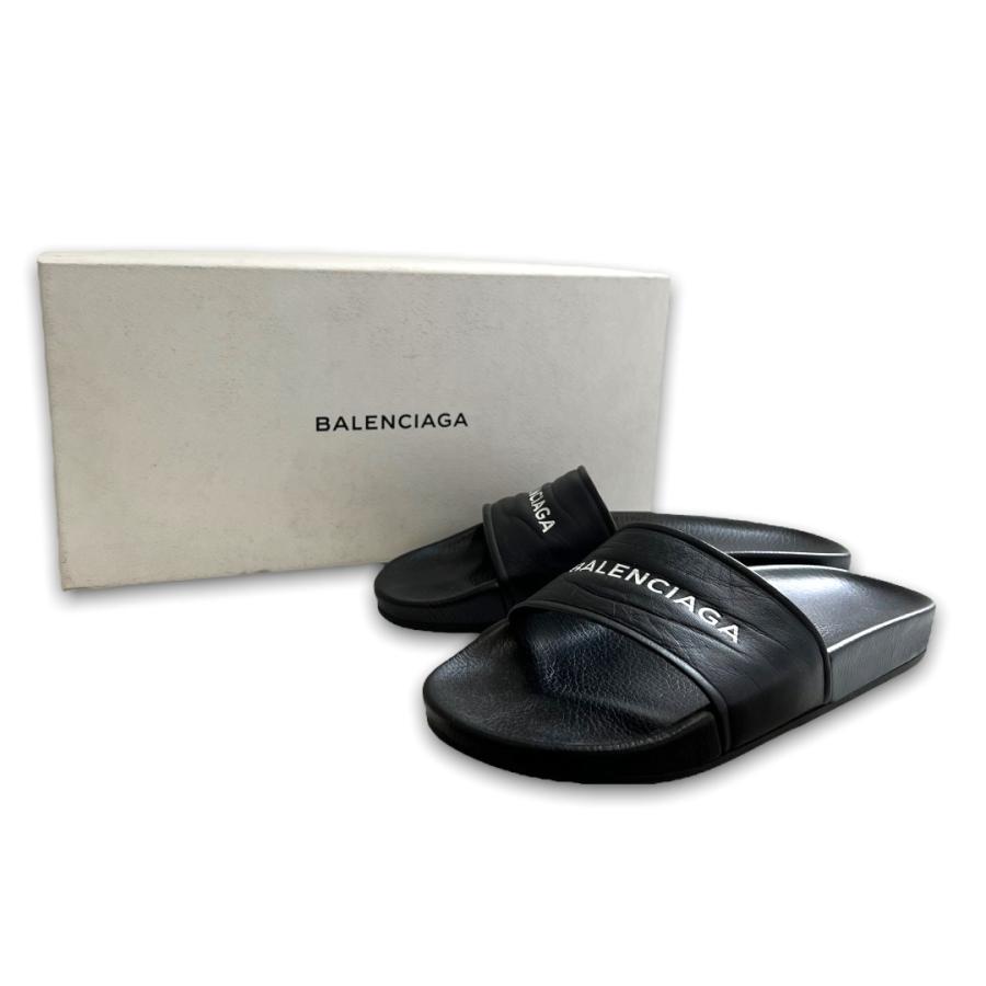 BALENCIAGA ロゴフラットレザーサンダル サイズ38 ブラック レディース 