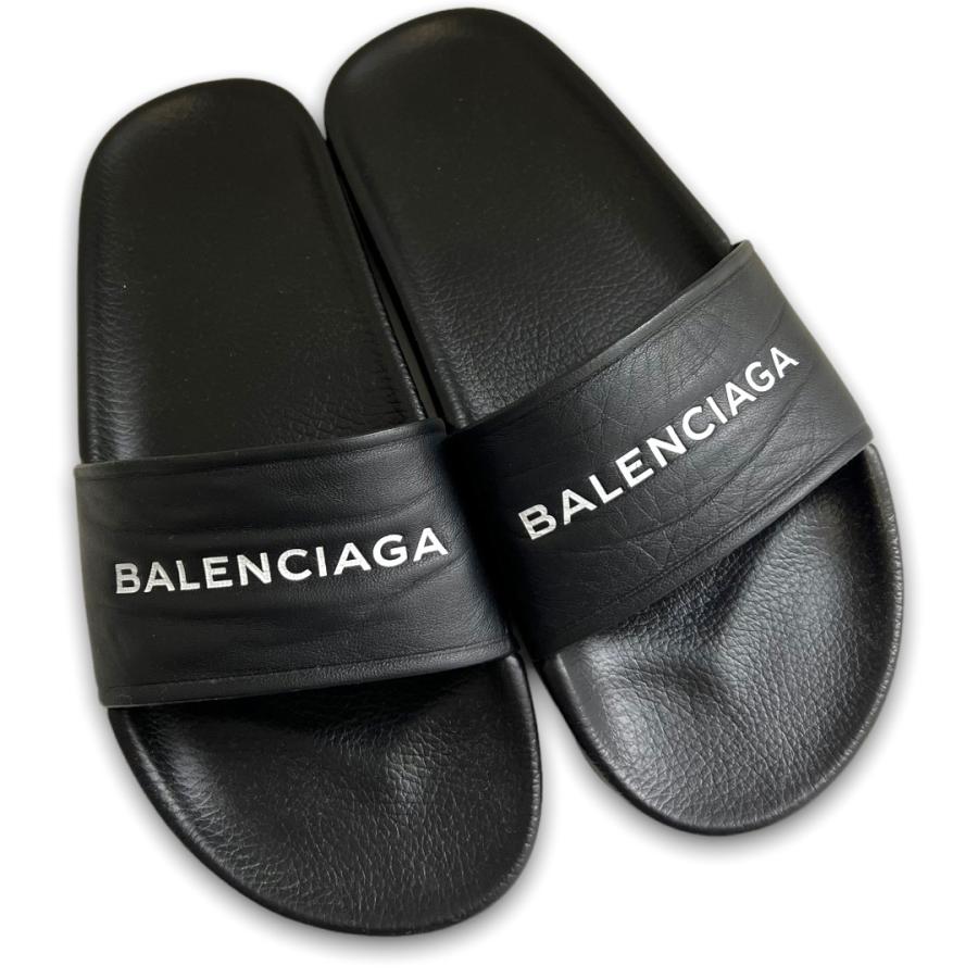 BALENCIAGA ロゴフラットレザーサンダル サイズ38 ブラック レディース 