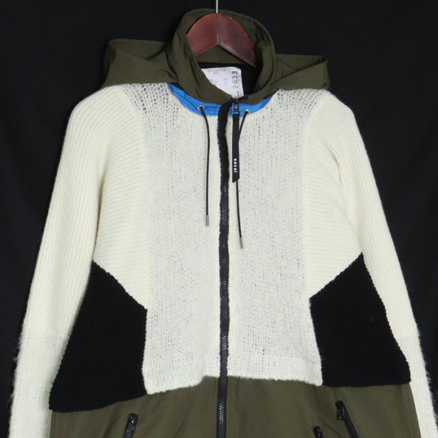 SACAI Wool Knit Hoodie サイズ1 カーキ ホワイト 21-02633M サカイ