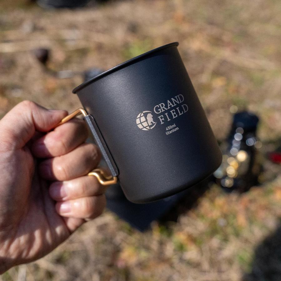 GRAND FIELD ブラックチタンマグ 450ml シングルウォール 蓋付き ソロ