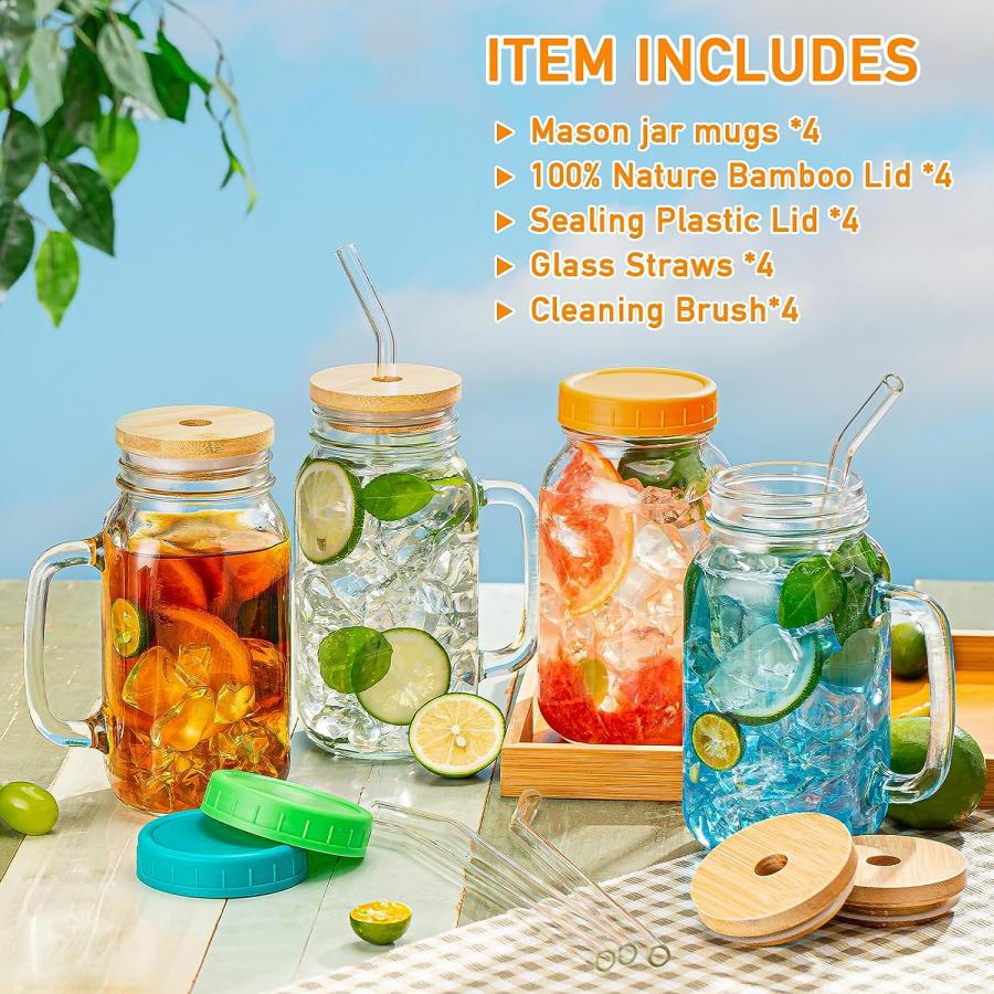 wookgreat　Pack　24　Reusable　Mason　Bamboo　Jar　with　Cups　Jar　and　Mason　with　Straws　Drinking　Lids　Mouth　Glass　Regular　Jar　Handle　OZ　Mason　Glasses