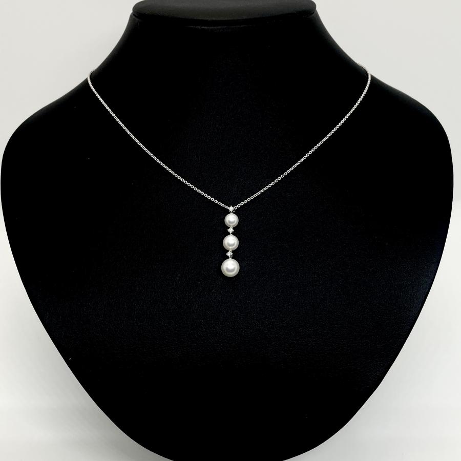 MIKIMOTO / ミキモト　パールダイヤネックレス　3P　K18WG　5.7〜7.3mm　アコヤ真珠　プレゼント　ペンダント