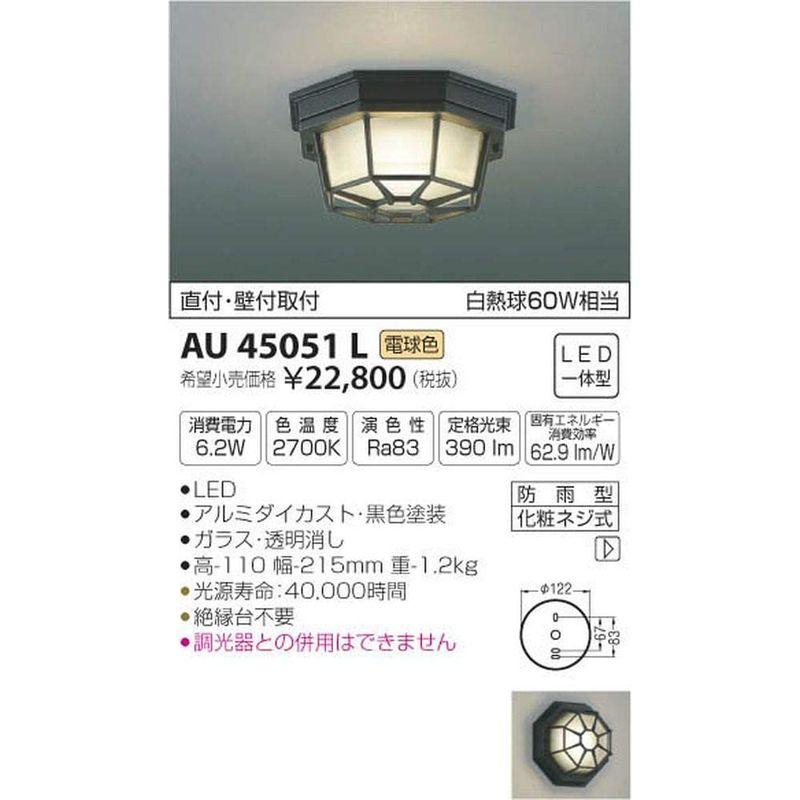 コイズミ照明 LED軒下シーリング 直付・壁付取付 白熱球60W相当 電球色 AU45051L-
