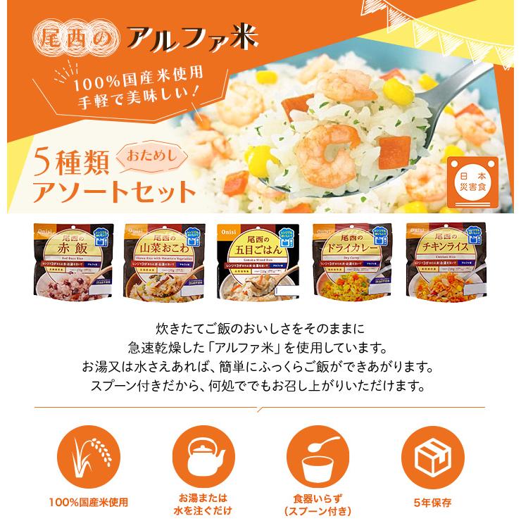 アルファ米 非常食セット 5 年保存 尾西 レンジプラスシリーズ 5種類