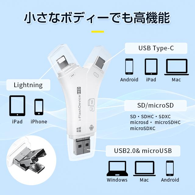 4in1 SDカードリーダー Lightning/Type-C/USB/Micro USBメモリ メモリカードリーダー マルチカードリーダー OTG機能 高速データ転送 メモリー解｜gravity1-store｜05