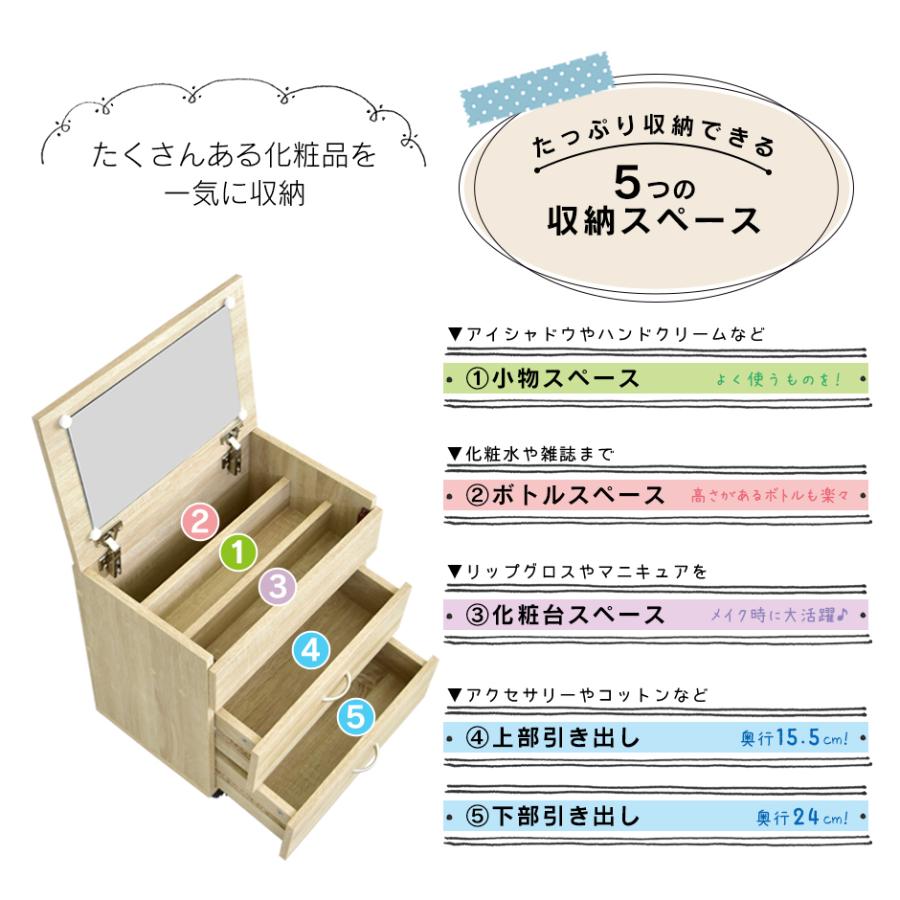 ドレッサー おしゃれ 化粧台 鏡 コンパクト 大容量 キャスター テーブル 机 収納 引出し ドリス コスメワゴン シスネ 北欧 ドリス | DORIS | 08