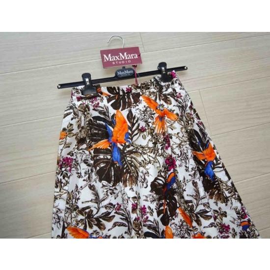 マックスマーラ コットンフレア プリントスカート 総柄 花 鳥 植物 マックスマーラ コットンフレア プリントスカート 総柄 花 鳥