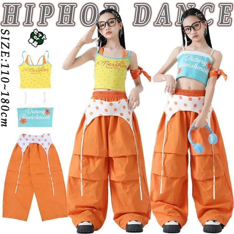 TAKA Dance ダンス衣装 セットアップ 水玉模様 イエロー ブルー オレンジ キッズ ダンス衣装 セットアップ 水玉柄 総