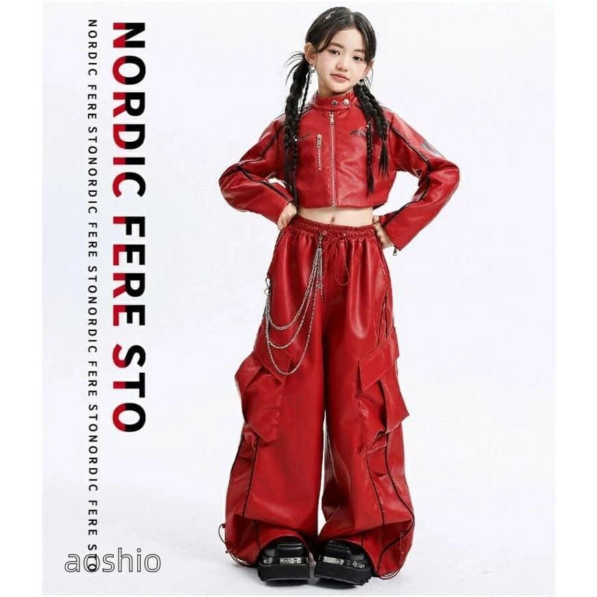 レザージャケット 赤 キッズダンス衣装 セットアップ ヒップホップ