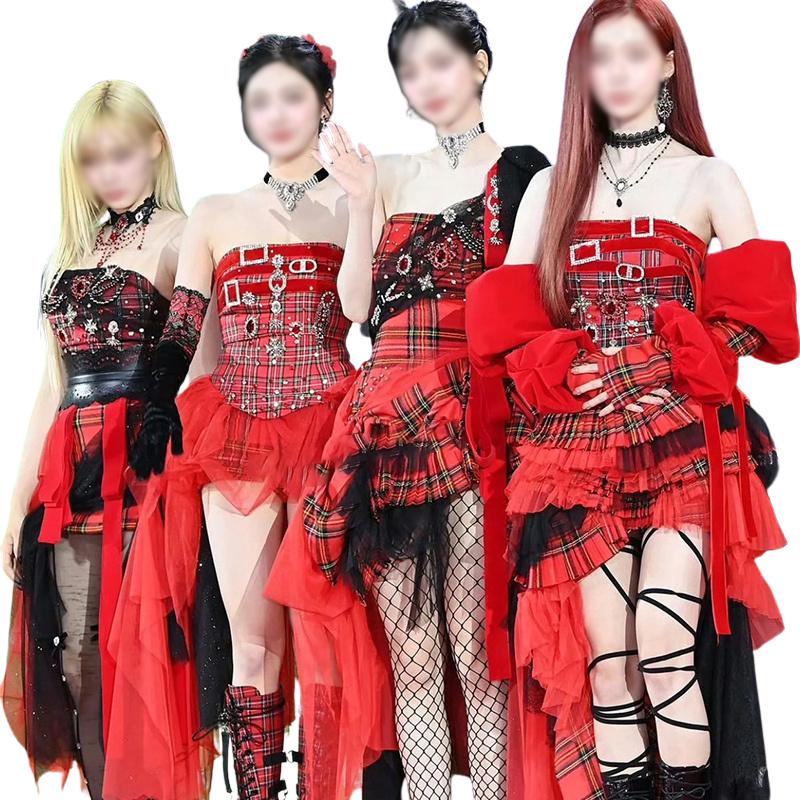 韓国 赤 ギンガムチェック ダンス衣装 大人 レディース ワンピース