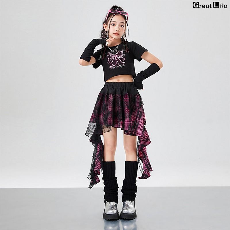 チェック柄 ブラック ピンク 総柄 キッズ ダンス衣装 セットアップ