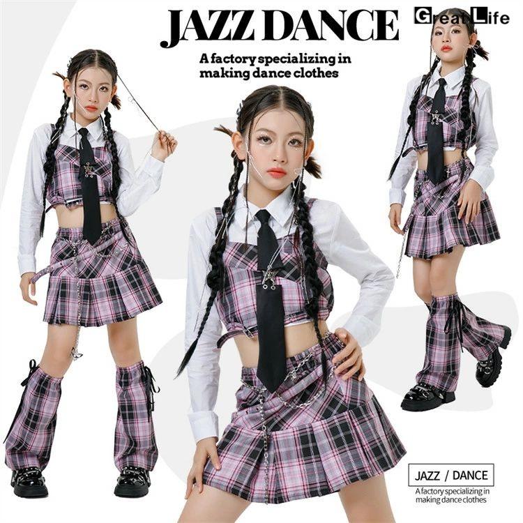 チェック柄 スカート k-pop 衣装 紫 キッズダンス衣装 へそ出し