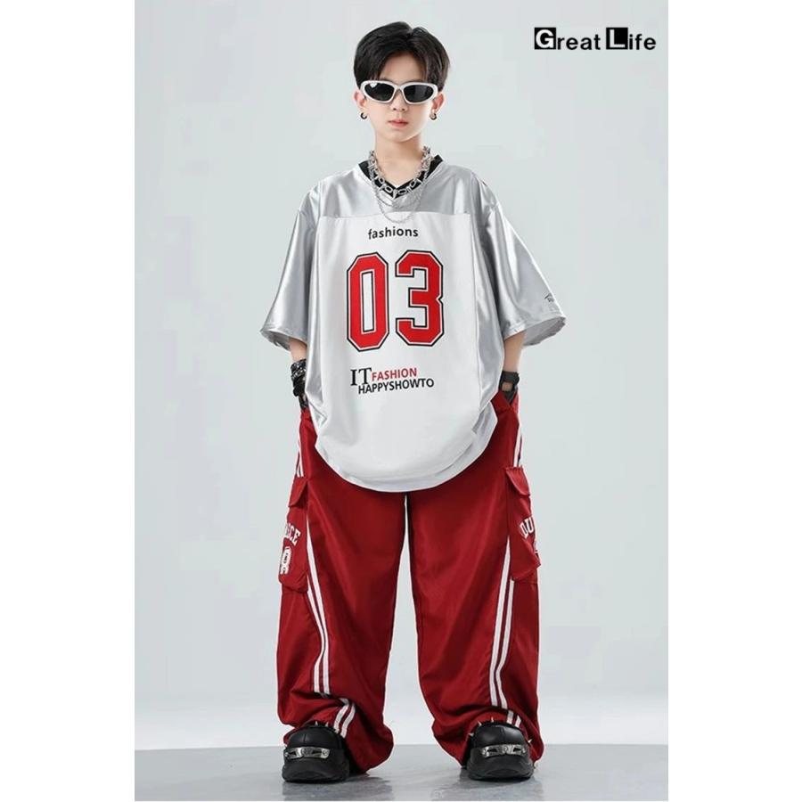 シルバー レッド キッズダンス衣装 セットアップ ヒップホップ