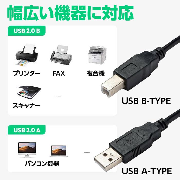 プリンター ケーブル TYPE A B USB2.0 パソコン プリンターケーブル スキャナ 複合機 両面挿し コネクタ 初期設定 長さ1.3M｜greatful｜02