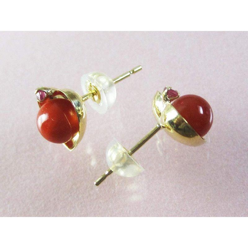 UNISEX S/M 血赤珊瑚 ハート ピアス ぷちルビー付 ハート18金イエロー