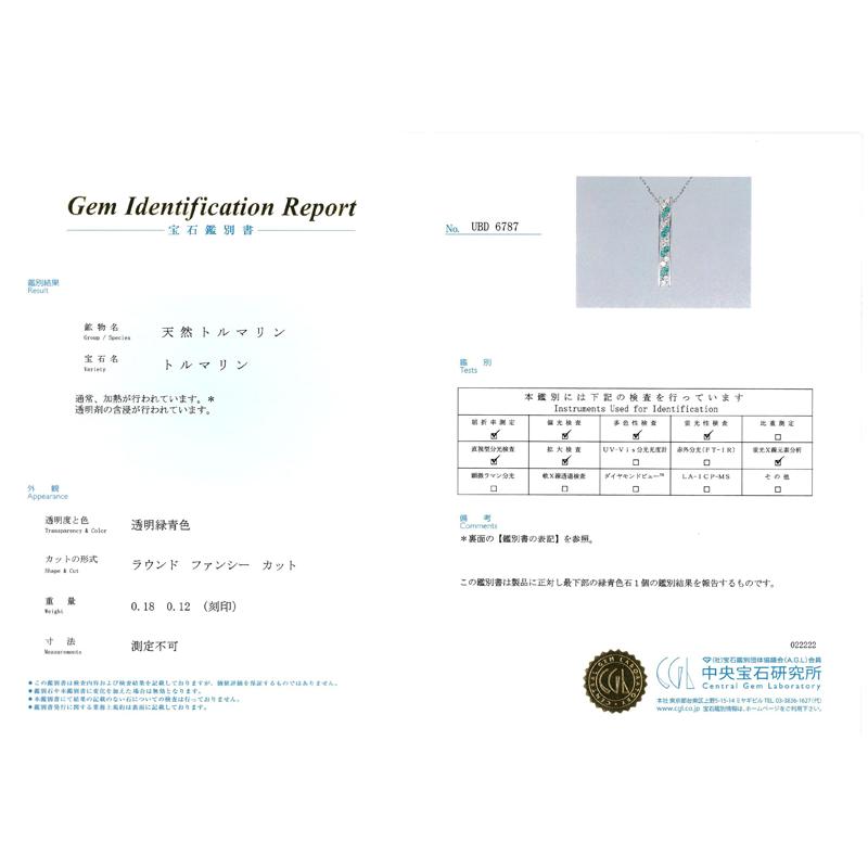 パライバトルマリン 0.18ct ダイヤ 0.12ct ネックレス K18WG 鑑別書 