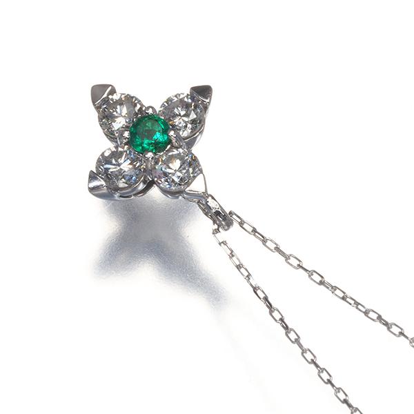 エメラルド 0.04ct ダイヤ 0.30ct フラワー ネックレス K18WG GENJ 