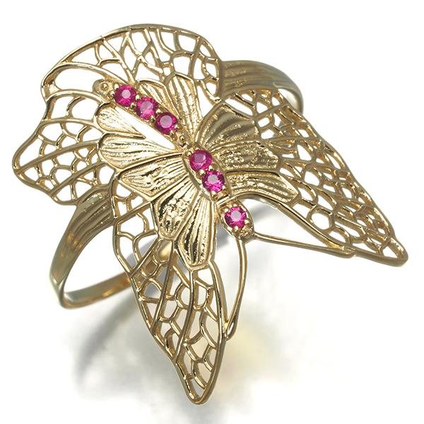 ルビー 0.05ct 蝶 バタフライ アニマル 透かし リング K18YG 指輪 GENJ  