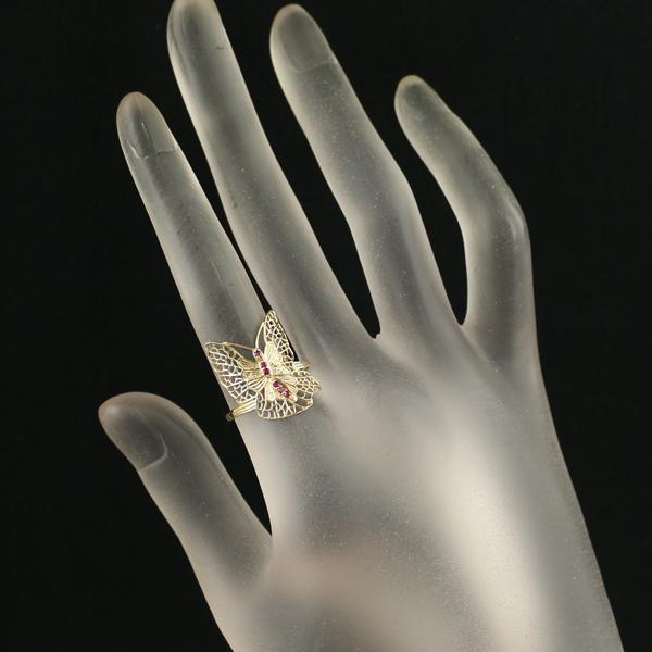 ルビー 0.05ct 蝶 バタフライ アニマル 透かし リング K18YG 指輪 GENJ  