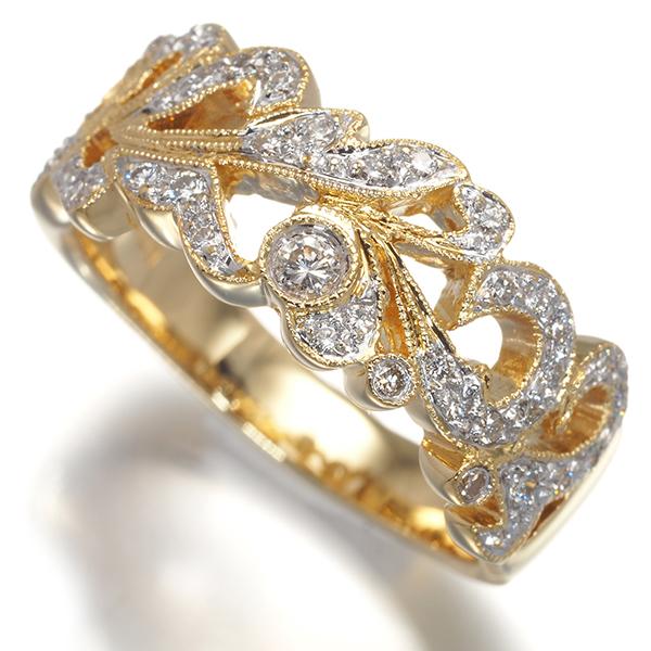 ダイヤ ダイヤモンド 0.27ct ミルグレイン リーフ 透かし リング K18YG  