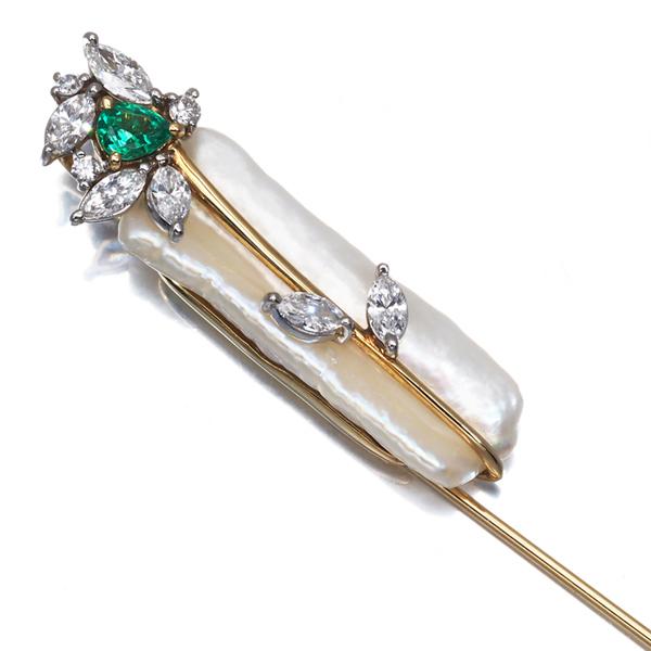 エメラルド 0.19ct ダイヤ ダイヤモンド 0.63ct パール 真珠 ブローチ