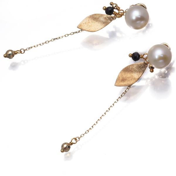 agete（アガット） ピアス パール 真珠 7.3mm オニキス リーフ