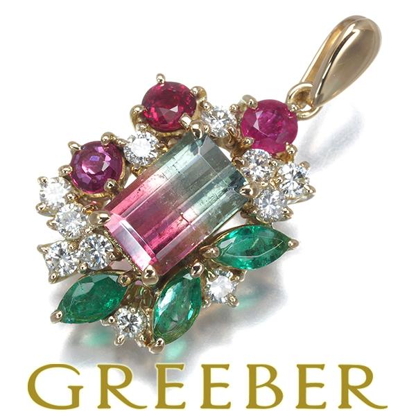 バイカラートルマリン 1.36ct エメラルド ルビー 0.55ct ダイヤ ダイヤモンド ペンダントトップ K18 ソGENJ | 