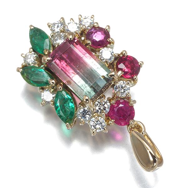 バイカラートルマリン 1.36ct エメラルド ルビー 0.55ct ダイヤ ダイヤモンド ペンダントトップ K18 ソGENJ |  | 01