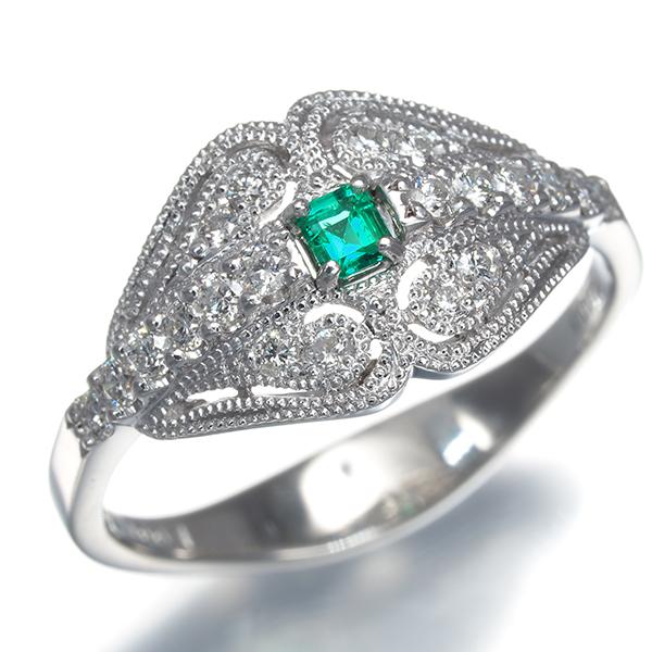 エメラルド 0.06ct ダイヤ ダイヤモンド 0.26ct ミルグレイン リング Pt900 指輪 GENJ 大幅値下げ品 |  | 01