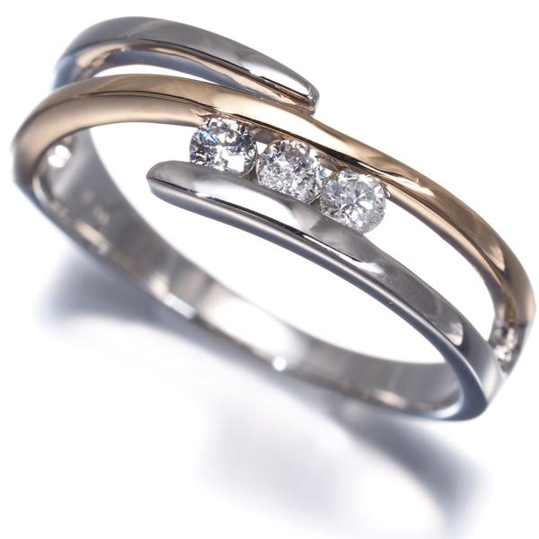 ダイヤ ダイヤモンド 0.15ct 3ロウ コンビカラー リング K18PG/Pt900 