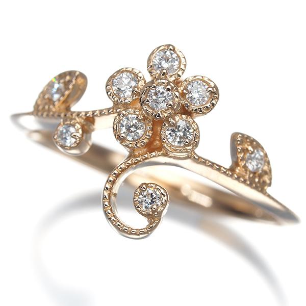 ダイヤ ダイヤモンド 0.12ct フラワー ミルグレイン リング K18PG 指輪 