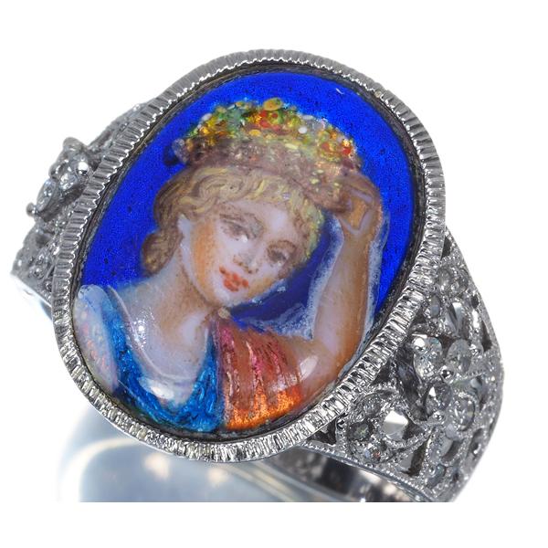 七宝 エマイユ ダイヤ ダイヤモンド 0.26ct 女性像 リング 指輪 K18WG 