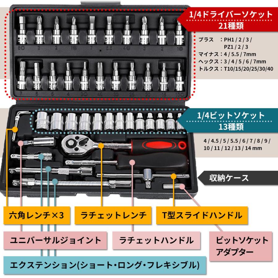 ソケットレンチ セット 46点 六角 サイズ ロング 工具セット 格安 家庭用 バイク diy 車用 日曜大工 安い ラチェットレンチ :a00341:ガリペット 通販 ソケットレンチセット ラチェットレンチ アダプター DIY 46点 ブラック