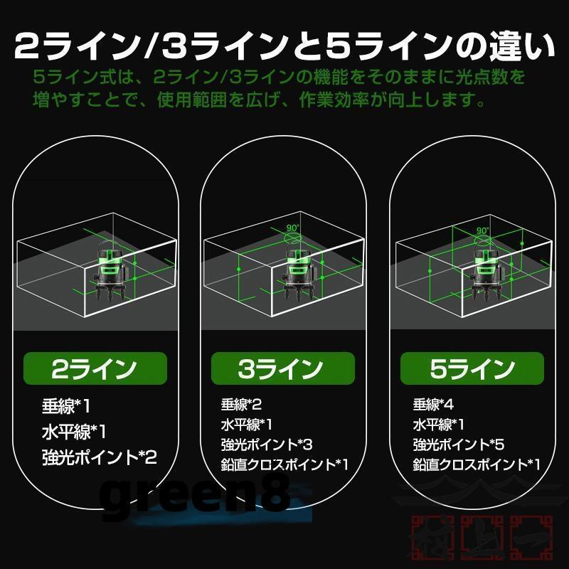 墨出し器 5ライン レーザー墨出し器 水平器 グリーンレーザー バッテリー1本付き 水平 垂直 コンパクト 高輝度 屋内 屋外 建築 防塵 防水 傾斜 自動補正｜green888｜04