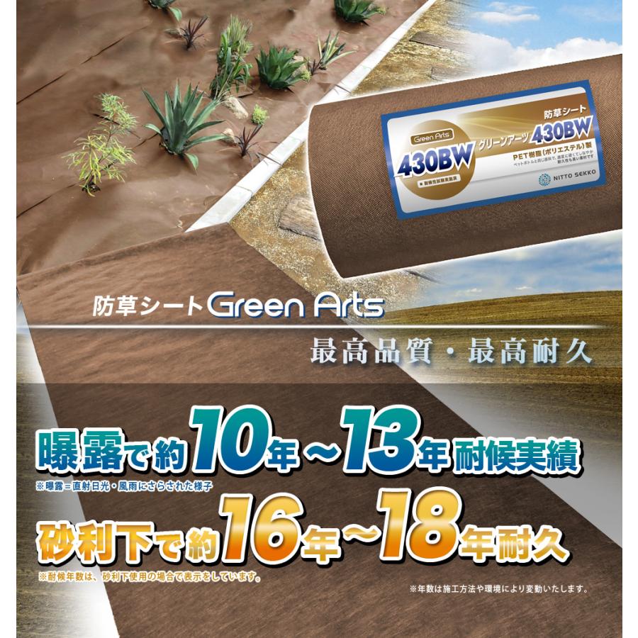 優良配送(一部地域) 防草シート NITTOSEKKO GreenArts430BW ブラウン 1m×50m 雑草対策 力 高耐久 砂利下約16〜18年曝露約10〜13年 ブラウン 【P変7-12】｜greenarts-online｜02