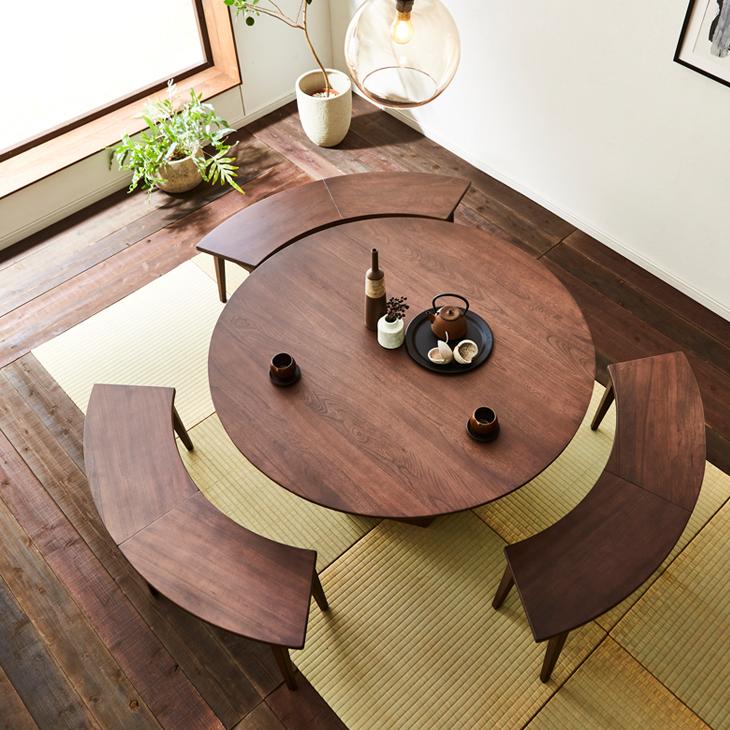 ダイニングセット ダイニングテーブルセット 4点セット 円形 135cm 丸テーブル 円卓 ダイニングテーブル ベンチ 無垢 木製 ブラウン