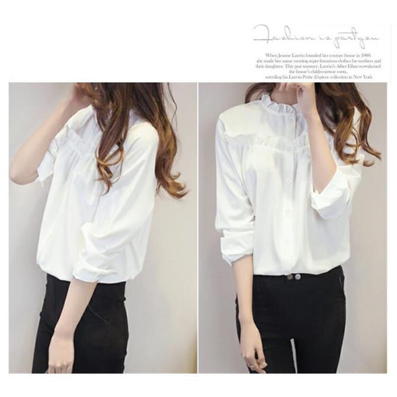 シャツ ブラウス レディース トップス 長袖 綿 フリル フォーマル スタンドカラー フリルネック 白シャツ 着痩せ 通勤 OL 韓国風 おしゃれ |  | 03