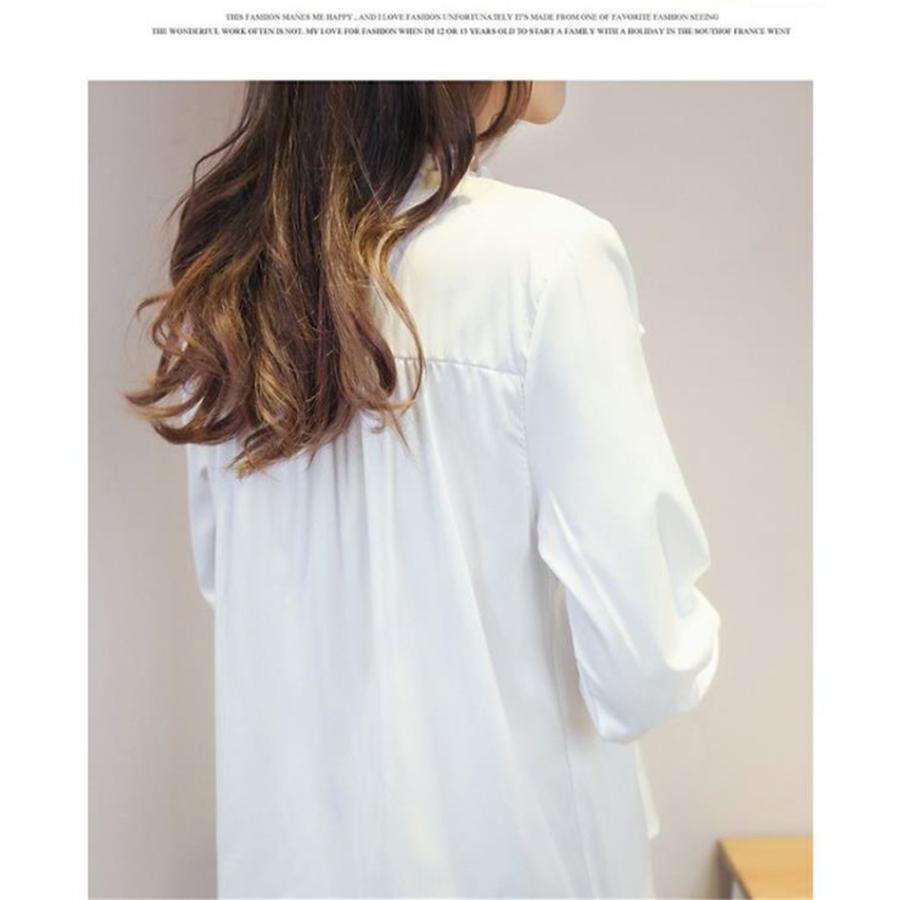 シャツ ブラウス レディース トップス 長袖 綿 フリル フォーマル スタンドカラー フリルネック 白シャツ 着痩せ 通勤 OL 韓国風 おしゃれ |  | 05