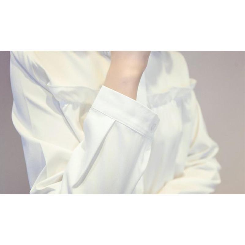 シャツ ブラウス レディース トップス 長袖 綿 フリル フォーマル スタンドカラー フリルネック 白シャツ 着痩せ 通勤 OL 韓国風 おしゃれ |  | 07