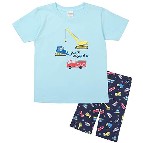 [ニシキ] パジャマ キッズ 男の子 半袖 夏 綿 上下セット Tシャツ ハーフパンツ ルームウェア 部屋着 (はたらく車ネイビー:5/100cm/79313)