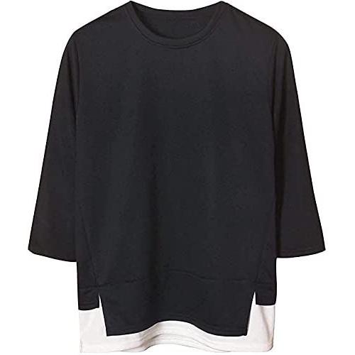 サコイユ カットソー レイヤード風 スウェット 7分袖 Tシャツ 薄手 トップス 無地 切替 メンズ (3XL, ブラック, 3x_l)